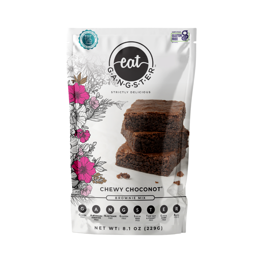 Eat G.A.N.G.S.T.E.R. Chewy Choconot Brownie Mix package with chocolate brownie mix ingredients on a white background.