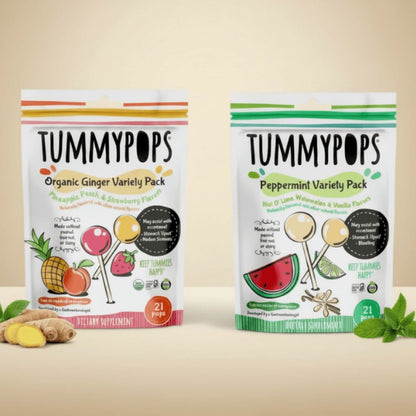 Tummydrops Savings Bundle featuring assorted natural herbal drops in a clear glass jar and colorful packaging.