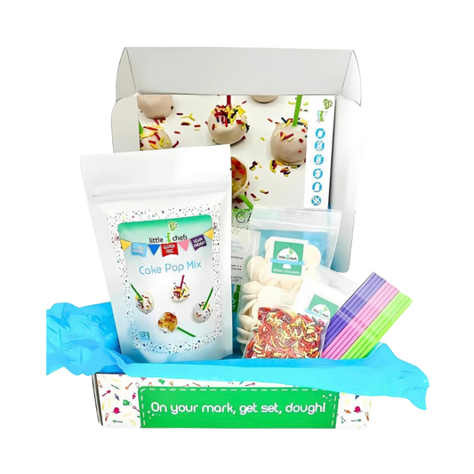 Little GF Chefs Confetti Cake Pops with colorful sprinkles on a white background, showcasing the festive dessert treats.