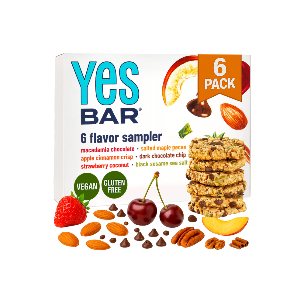 Assorted YES BAR® 6-pack variety set with different flavor bars on a white background.