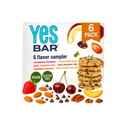 Assorted YES BAR® 6-pack variety set with different flavor bars on a white background.