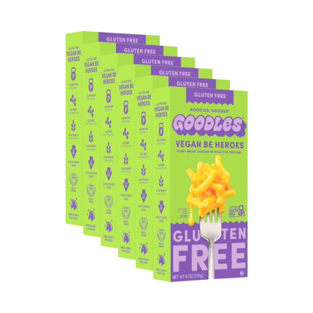 Vegan Be Heroes pasta by Goodles, colorful gluten-free pasta in a clear bowl, showcasing vibrant shapes and textures.