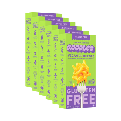 Vegan Be Heroes pasta by Goodles, colorful gluten-free pasta in a clear bowl, showcasing vibrant shapes and textures.