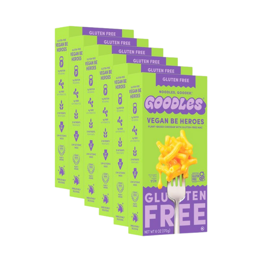 Vegan Be Heroes pasta by Goodles, colorful gluten-free pasta in a clear bowl, showcasing vibrant shapes and textures.