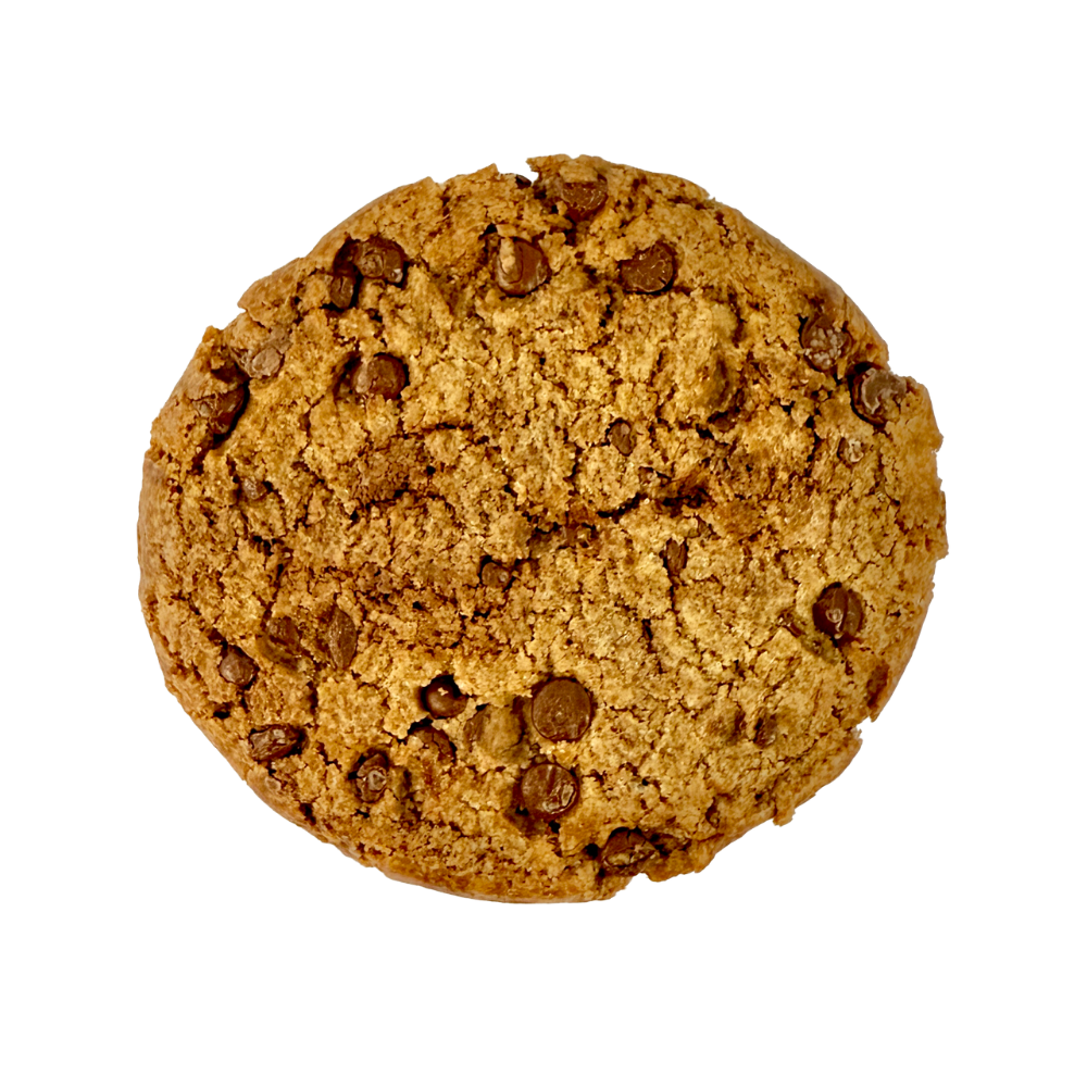 Eban’s Bakehouse vegan chocolate chip cookies in a 12-pack, showing golden-brown cookies with chocolate chips on a baking tray.