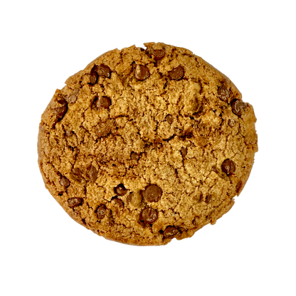 Eban’s Bakehouse vegan chocolate chip cookies in a 12-pack, showing golden-brown cookies with chocolate chips on a baking tray.