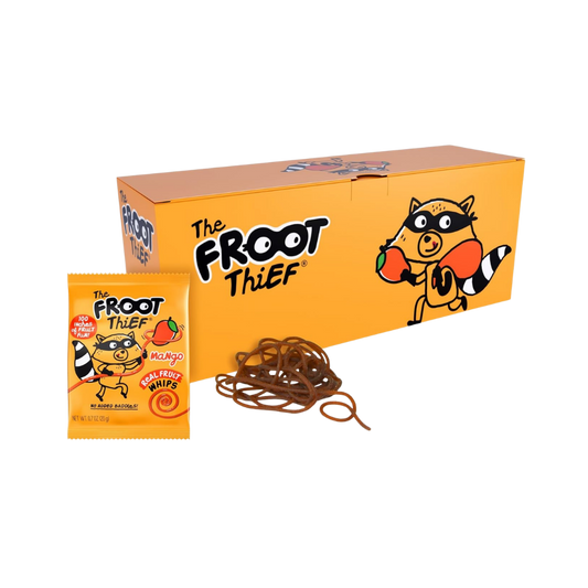 Assorted mango fruit whips from The Froot Thief in a 24-pack, featuring colorful, fruity snack sticks with mango flavor.