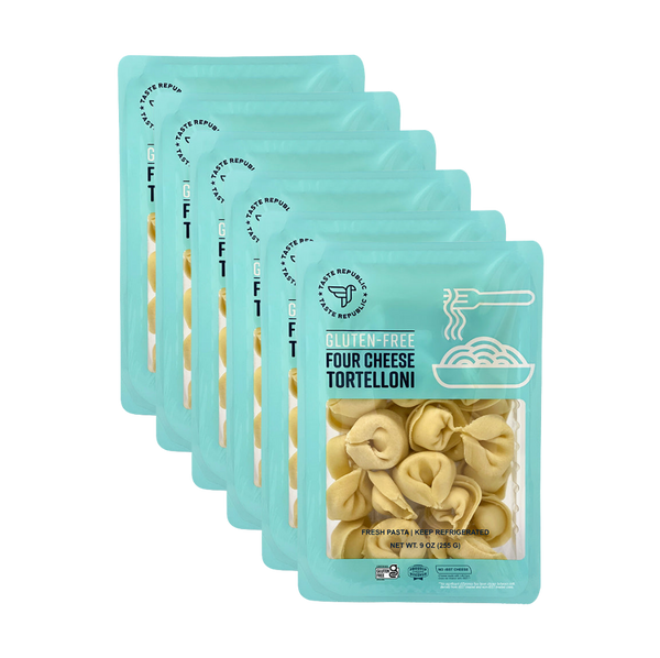Taste Republic gluten-free four cheese tortelloni pasta in a 6-pack, showcasing the fresh, colorful cheese-filled pasta pieces on a plate