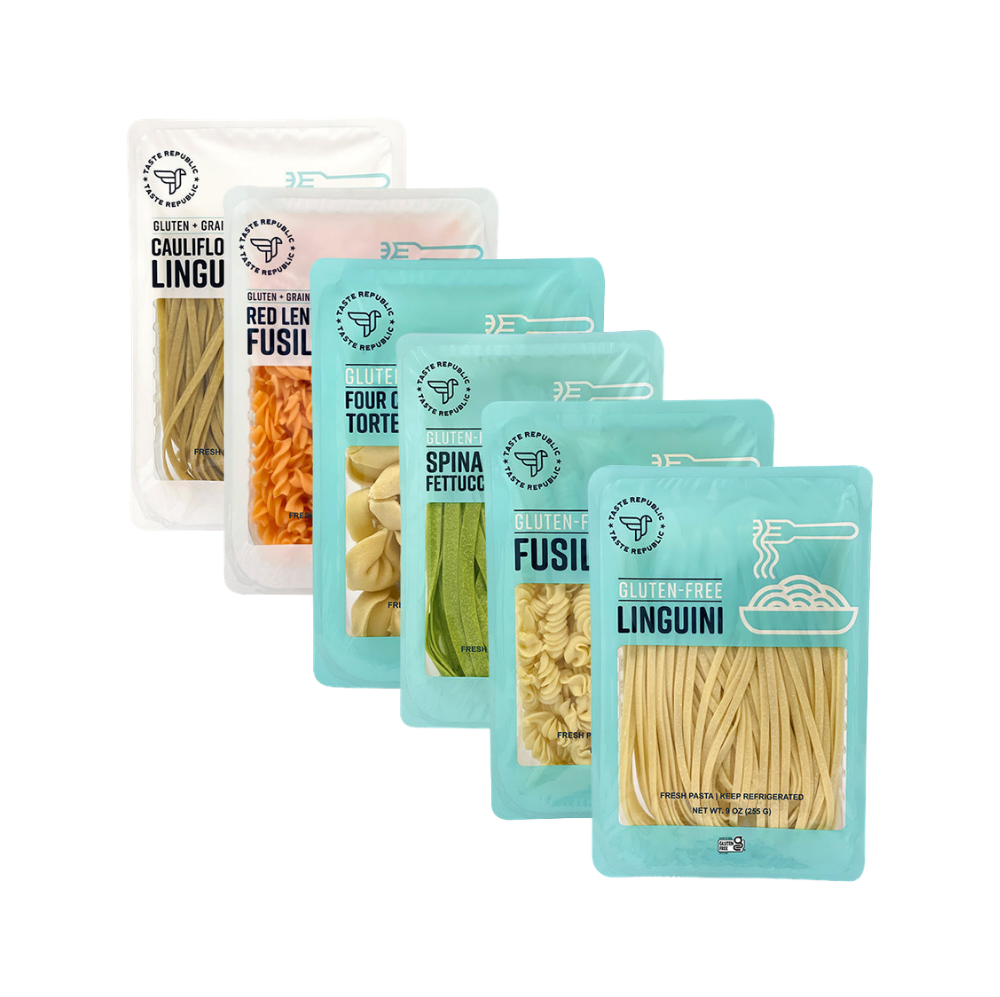 Assorted Taste Republic gluten-free pasta varieties in a 6-pack, showcasing different shapes and textures on a white background.