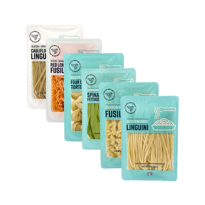 Assorted Taste Republic gluten-free pasta varieties in a 6-pack, showcasing different shapes and textures on a white background.
