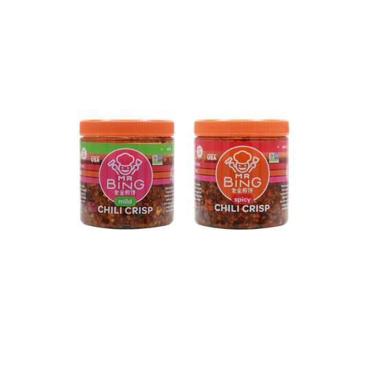 Two 7oz jars of Mr Bing Chili Crisp from Mr Bing Foods, showing the jar labels and spicy chili oil inside