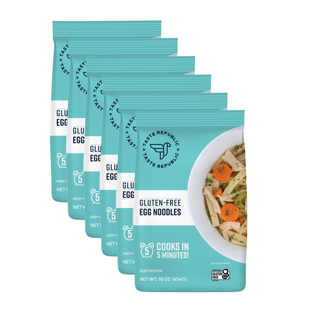 Taste Republic gluten-free egg noodles in a 6-pack, family-size frozen pasta package, ready for cooking.