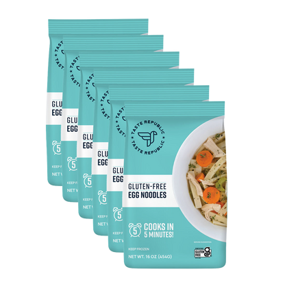 Taste Republic gluten-free egg noodles in a 6-pack, family-size frozen pasta package, ready for cooking.