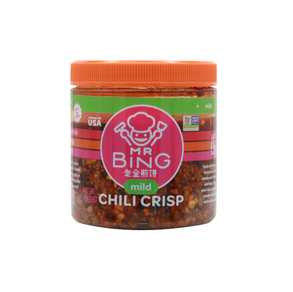 Mr Bing Foods Chili Crisp jar, 7 oz, mild flavor, with a label showing chili and garlic ingredients, on a white background.