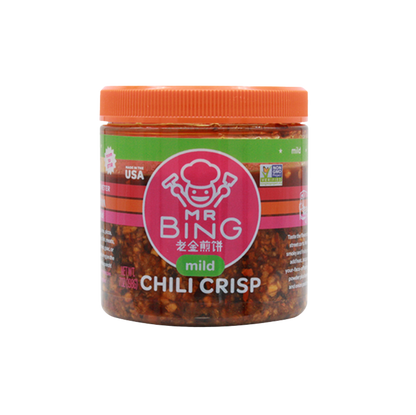 Mr Bing Foods Chili Crisp jar, 7 oz, mild flavor, with a label showing chili and garlic ingredients, on a white background.