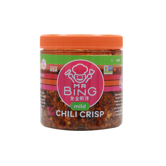 Mr Bing Foods Chili Crisp jar, 7 oz, mild flavor, with a label showing chili and garlic ingredients, on a white background.