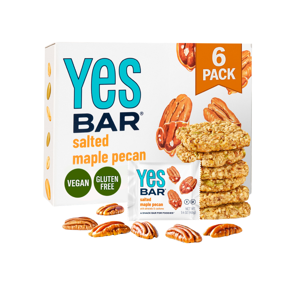 YES BAR Salted Maple Pecan snack bars, 6-pack, featuring salted maple and pecan nuts in a natural, wholesome energy bar.
