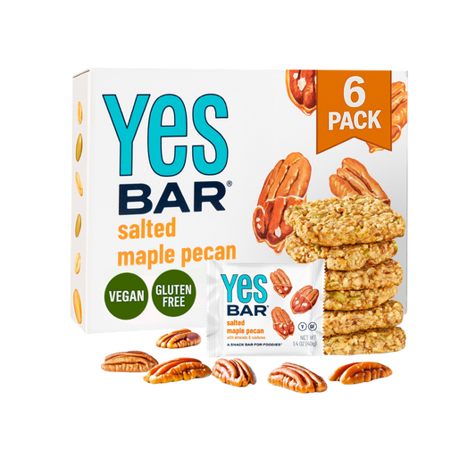 YES BAR Salted Maple Pecan snack bars, 6-pack, featuring salted maple and pecan nuts in a natural, wholesome energy bar.