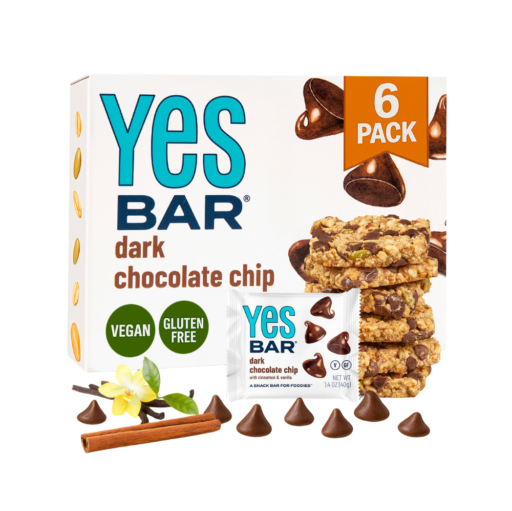 YES BAR Dark Chocolate Chip snack bars in a 6-pack, featuring chocolate chips and made by YES BAR® in a natural, wholesome style.