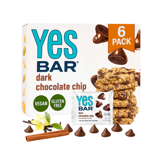 YES BAR Dark Chocolate Chip snack bars in a 6-pack, featuring chocolate chips and made by YES BAR® in a natural, wholesome style.