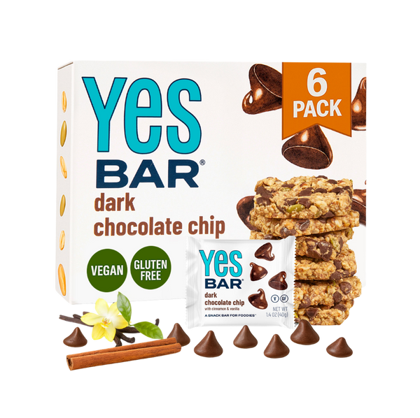 YES BAR Dark Chocolate Chip snack bars in a 6-pack, featuring chocolate chips and made by YES BAR® in a natural, wholesome style.