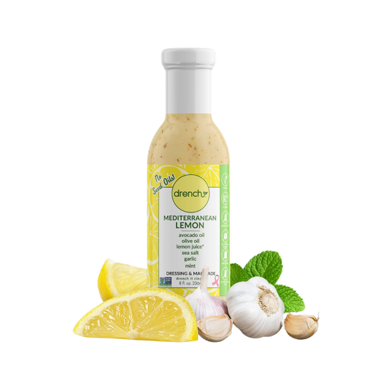 Drench Mediterranean Lemon skincare product bottle with lemon illustrations, showcasing the drench brand label and product design.