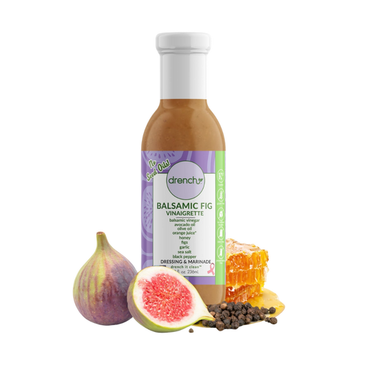 Drench Balsamic Fig Vinaigrette bottle with label, featuring a dark balsamic color and fig fruit imagery on the label.