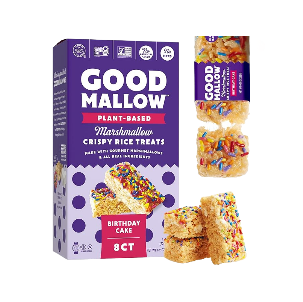 Vegan Rice Crispy Treats by Good Mallow, stacked squares with crispy rice and marshmallow texture on a white background.