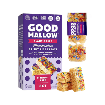Vegan Rice Crispy Treats by Good Mallow, stacked squares with crispy rice and marshmallow texture on a white background.