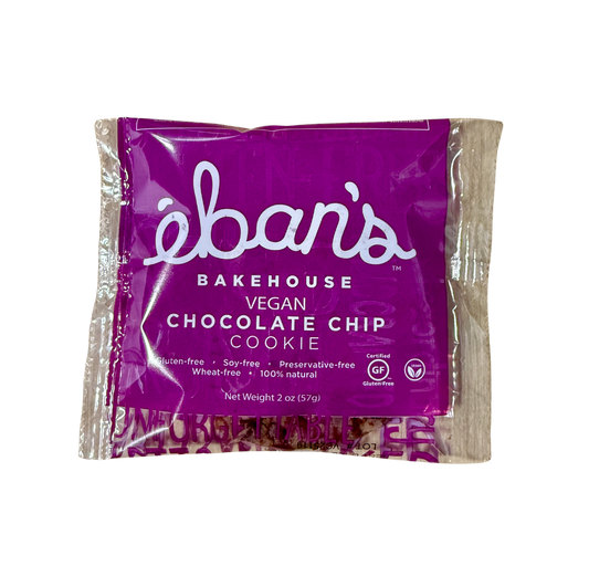 Eban’s Bakehouse vegan chocolate chip cookies in a 12-pack, showing golden-brown cookies with chocolate chips on a white surface.