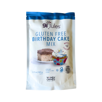 gfJules gluten-free birthday cake mix in a colorful box with images of a decorated cake and baking ingredients.