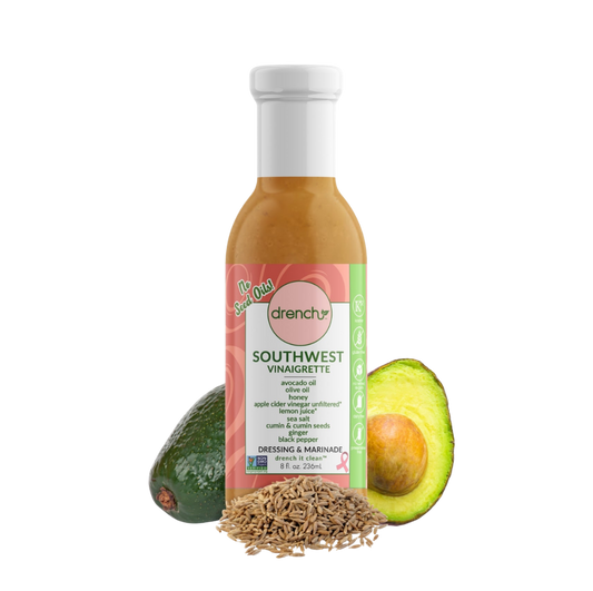 Drench Southwest Vinaigrette bottle with label, featuring vibrant southwestern flavor branding and colorful design elements.