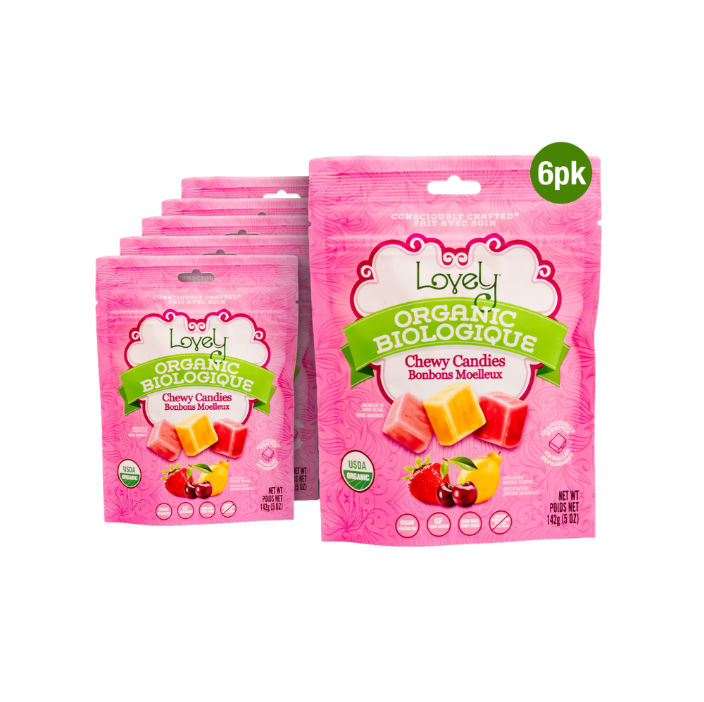 Assorted Lovely Candy Company organic chewy candies in colorful packaging, showcasing their vibrant, fruit-flavored appearance.