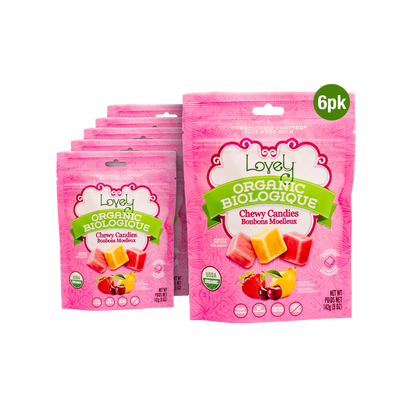 Assorted Lovely Candy Company organic chewy candies in colorful packaging, showcasing their vibrant, fruit-flavored appearance.