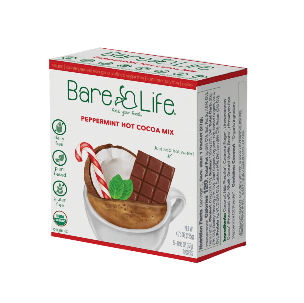 Bare Life dairy-free peppermint hot cocoa mix 5-pack, showing individual cocoa packets with mint flavor and branding on the packaging.