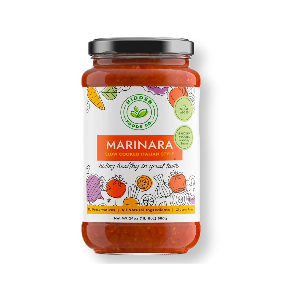 Two jars of Hidden Foods Co. Slow Cooked Italian Marinara sauce with fresh herbs in glass jars, ready for cooking.