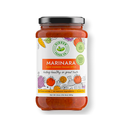 Two jars of Hidden Foods Co. Slow Cooked Italian Marinara sauce with fresh herbs in glass jars, ready for cooking.