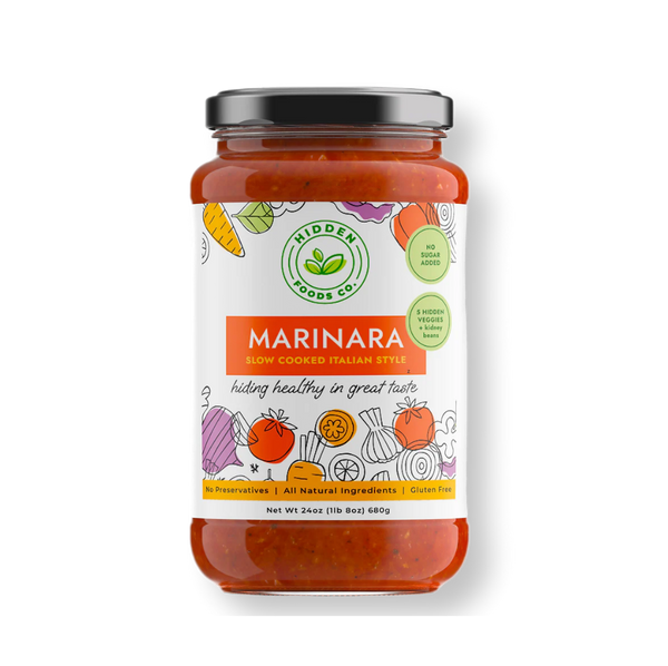 Two jars of Hidden Foods Co. Slow Cooked Italian Marinara sauce with fresh herbs in glass jars, ready for cooking.