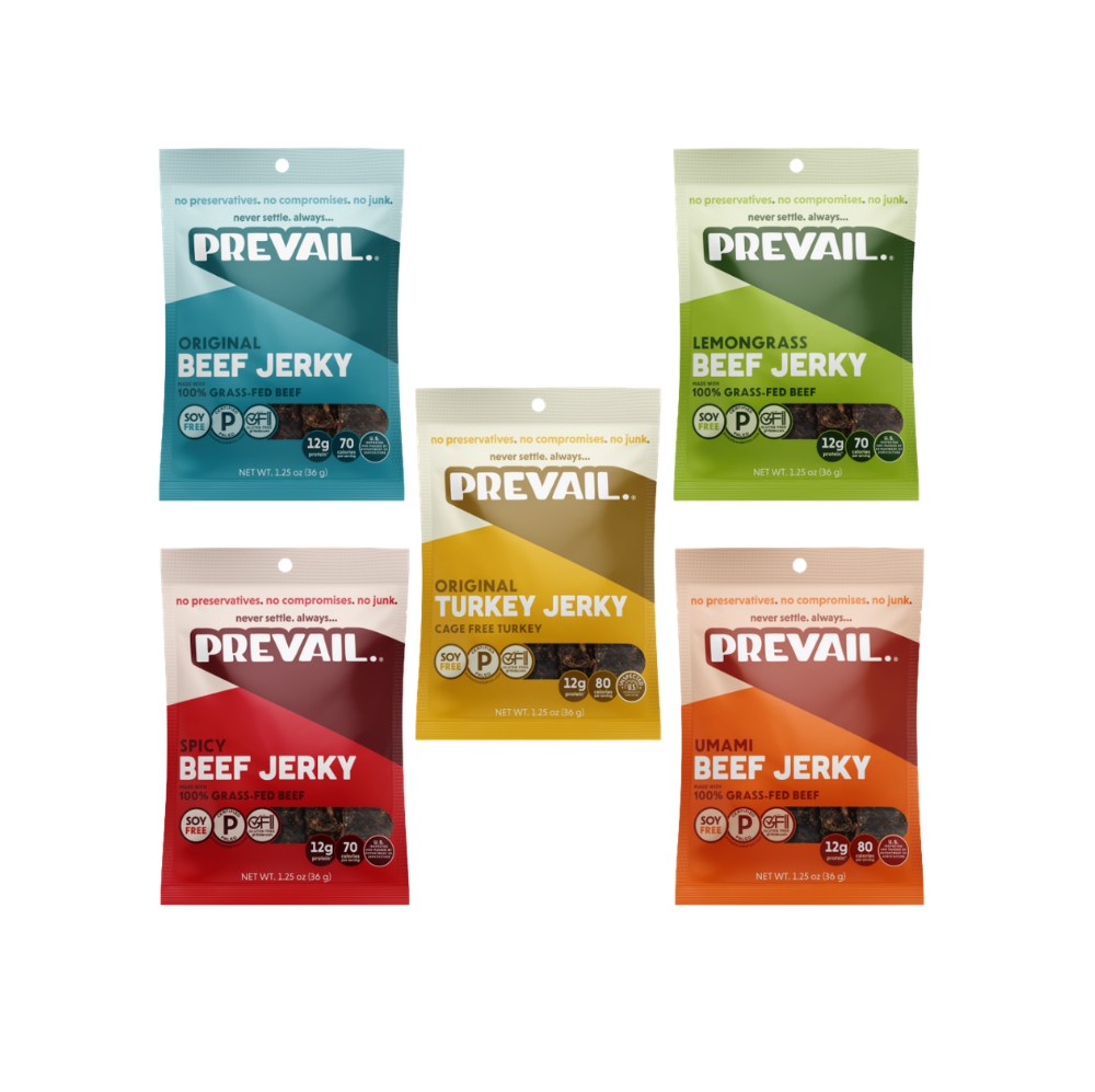 Assorted PREVAIL Jerky variety pack with five different flavors, displayed in a clear, resealable package.