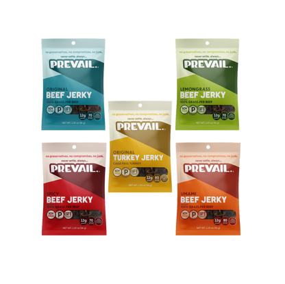 Assorted PREVAIL Jerky variety pack with five different flavors, displayed in a clear, resealable package.