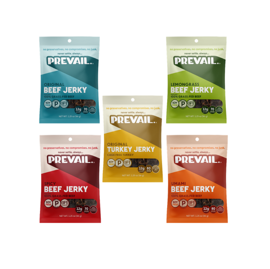Assorted PREVAIL Jerky variety pack with five different flavors, displayed in a clear, resealable package.