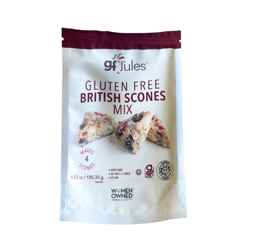 gfJules gluten-free British scones mix in a bag, ready for baking with a traditional scone appearance and packaging.