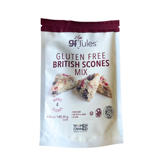 gfJules gluten-free British scones mix in a bag, ready for baking with a traditional scone appearance and packaging.