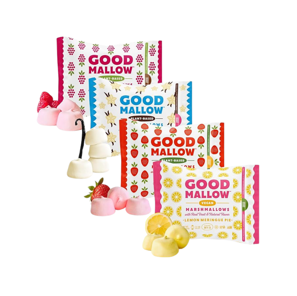 Mini vegan marshmallows by Good Mallow shown in a bowl, white, soft, and fluffy, perfect for snacking or decorating desserts.