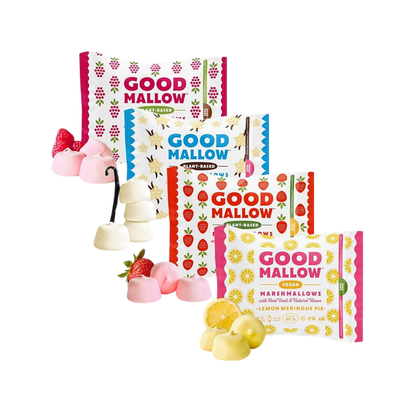 Mini vegan marshmallows by Good Mallow shown in a bowl, white, soft, and fluffy, perfect for snacking or decorating desserts.