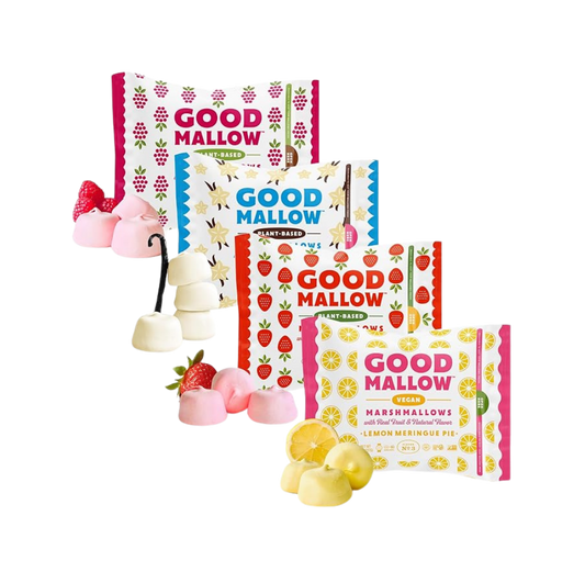 Mini vegan marshmallows by Good Mallow shown in a bowl, white, soft, and fluffy, perfect for snacking or decorating desserts.
