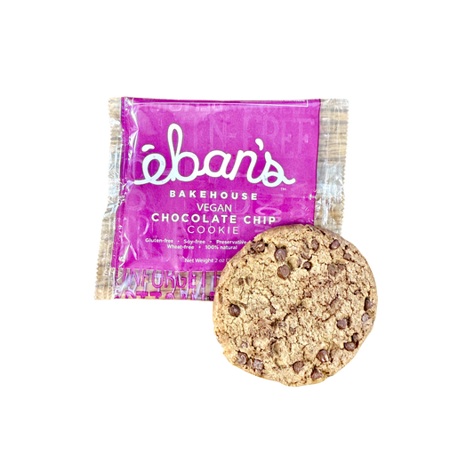 Eban’s Bakehouse vegan chocolate chip cookies in a 12-pack, fresh baked cookies with chocolate chips on top.