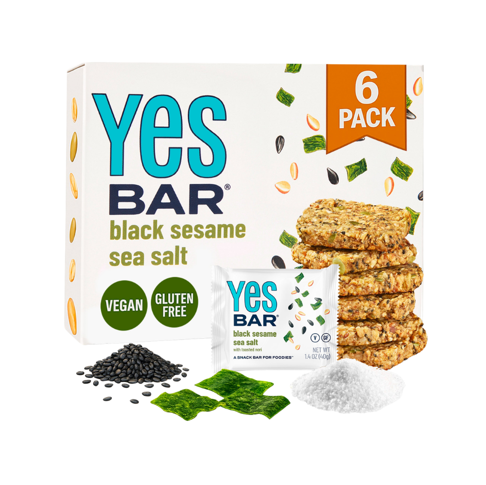 YES BAR Black Sesame Sea Salt snack bars, six-pack, featuring black sesame seeds and sea salt in a natural, healthy snack bundle.