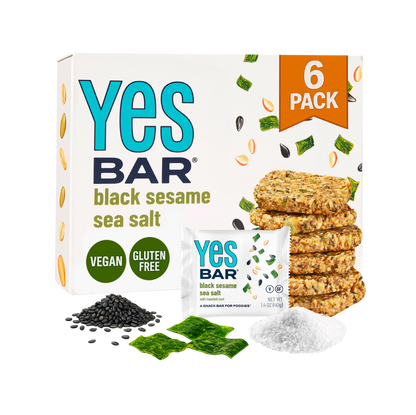 YES BAR Black Sesame Sea Salt snack bars, six-pack, featuring black sesame seeds and sea salt in a natural, healthy snack bundle.