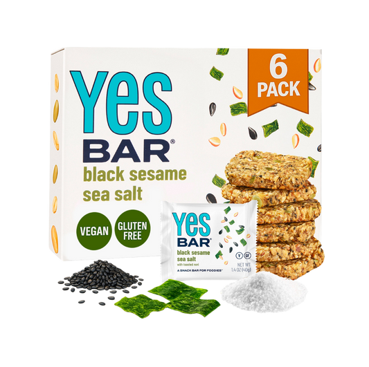 YES BAR Black Sesame Sea Salt snack bars, six-pack, featuring black sesame seeds and sea salt in a natural, healthy snack bundle.